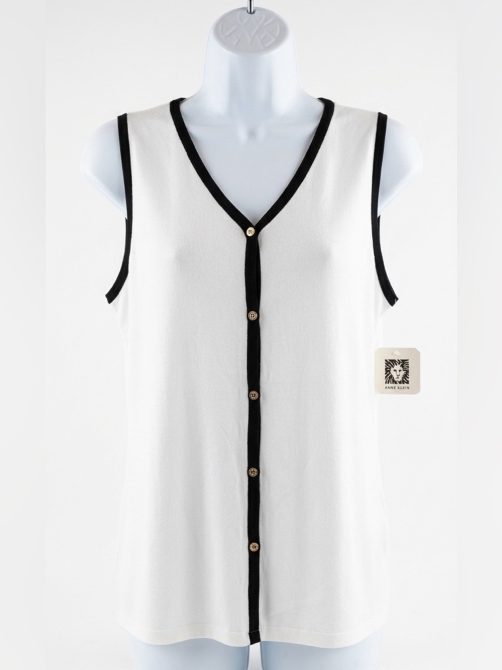 NWT Anne Klein White V-Neck Tank Top Black Trim Button Down Womens Large